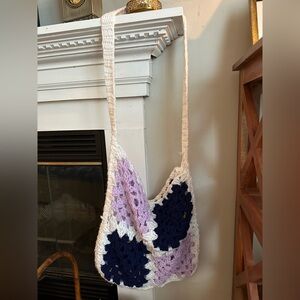 Handmade Crochet Shoulder Bag - Purple, Navy, and Cream